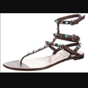 Valentino Rockstud Accents Leather T-Strap Sandals Brown 37.5